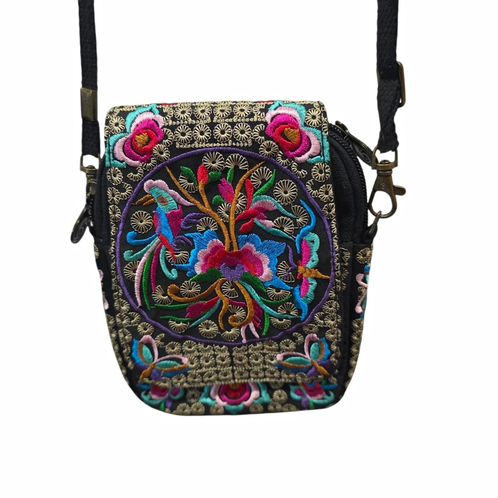 Black Embroidered Floral Bird Crossbody Phone Bag Boho Ethnic Festival Purse Art
